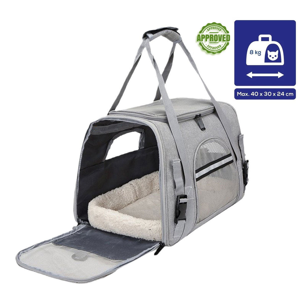 Cat travel bag FLYPET airline-approved 40x30x24 cm Transavia, carrier under airplane seat, pet carrier in-cabin for international flight, top opening and loading