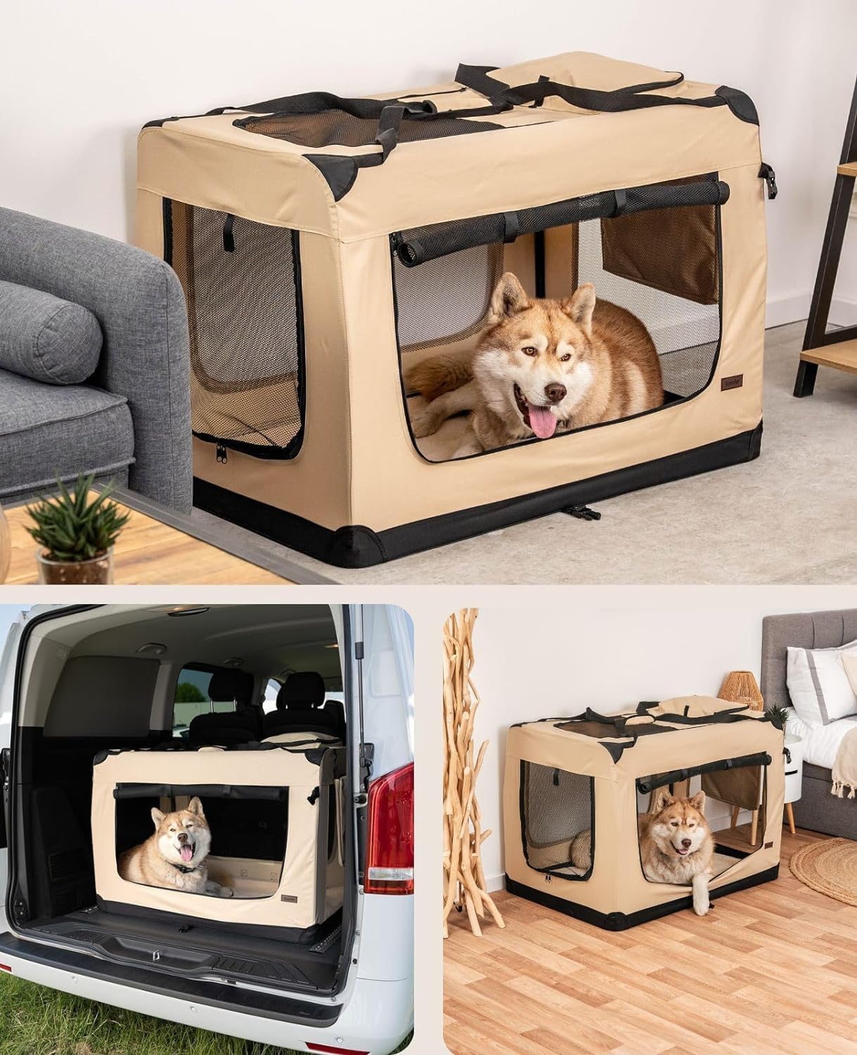 XXL Dog Transport Box, Foldable Soft Dog Kennel with Chew Proof Mesh Windows, Extra large size, 100 x 70 x 70 cm | Collapsible Dog Crate for large dogs