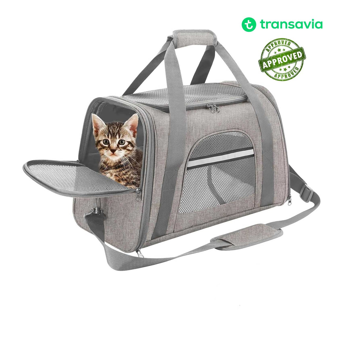 Cat travel bag FLYPET airline-approved 40x30x24 cm Transavia, carrier under airplane seat, pet carrier in-cabin for international flight, top opening and loading