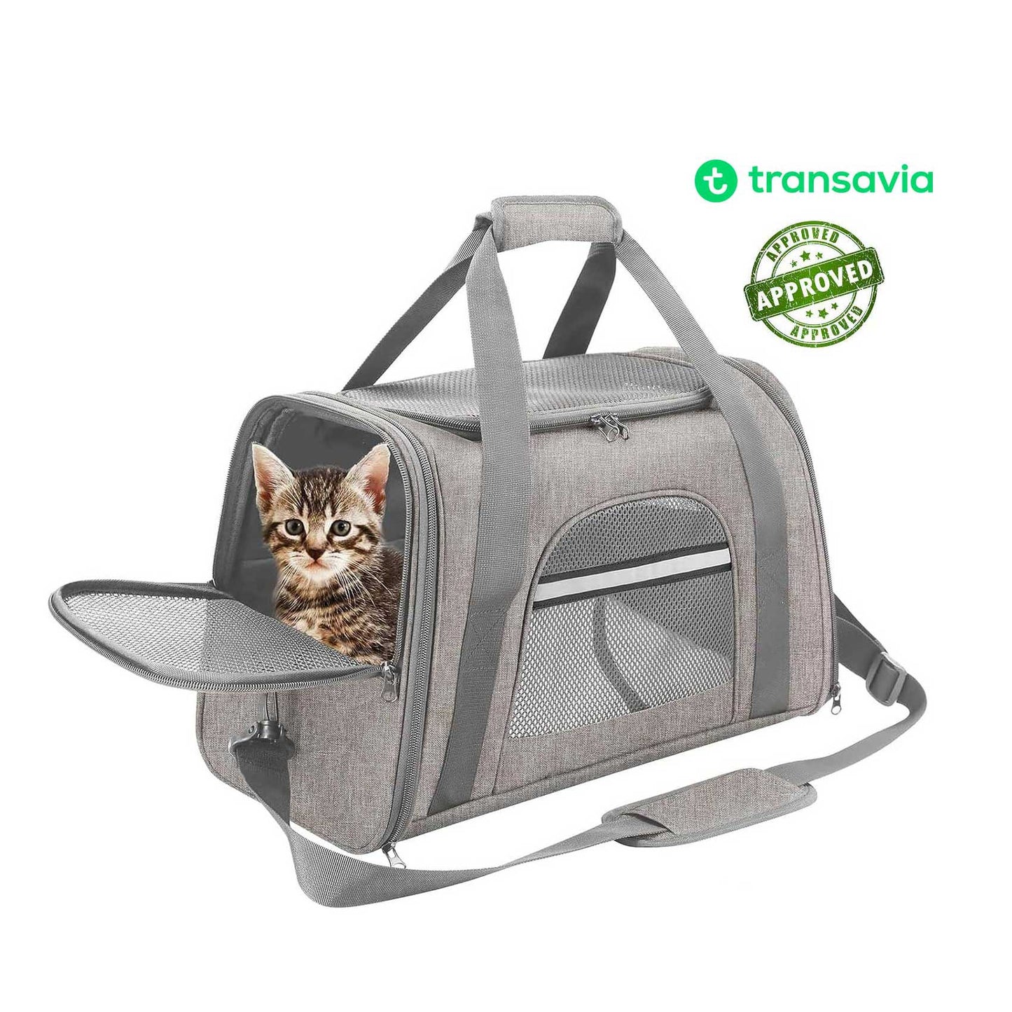 Cat travel bag FLYPET airline-approved 40x30x24 cm Transavia, carrier under airplane seat, pet carrier in-cabin for international flight, top opening and loading