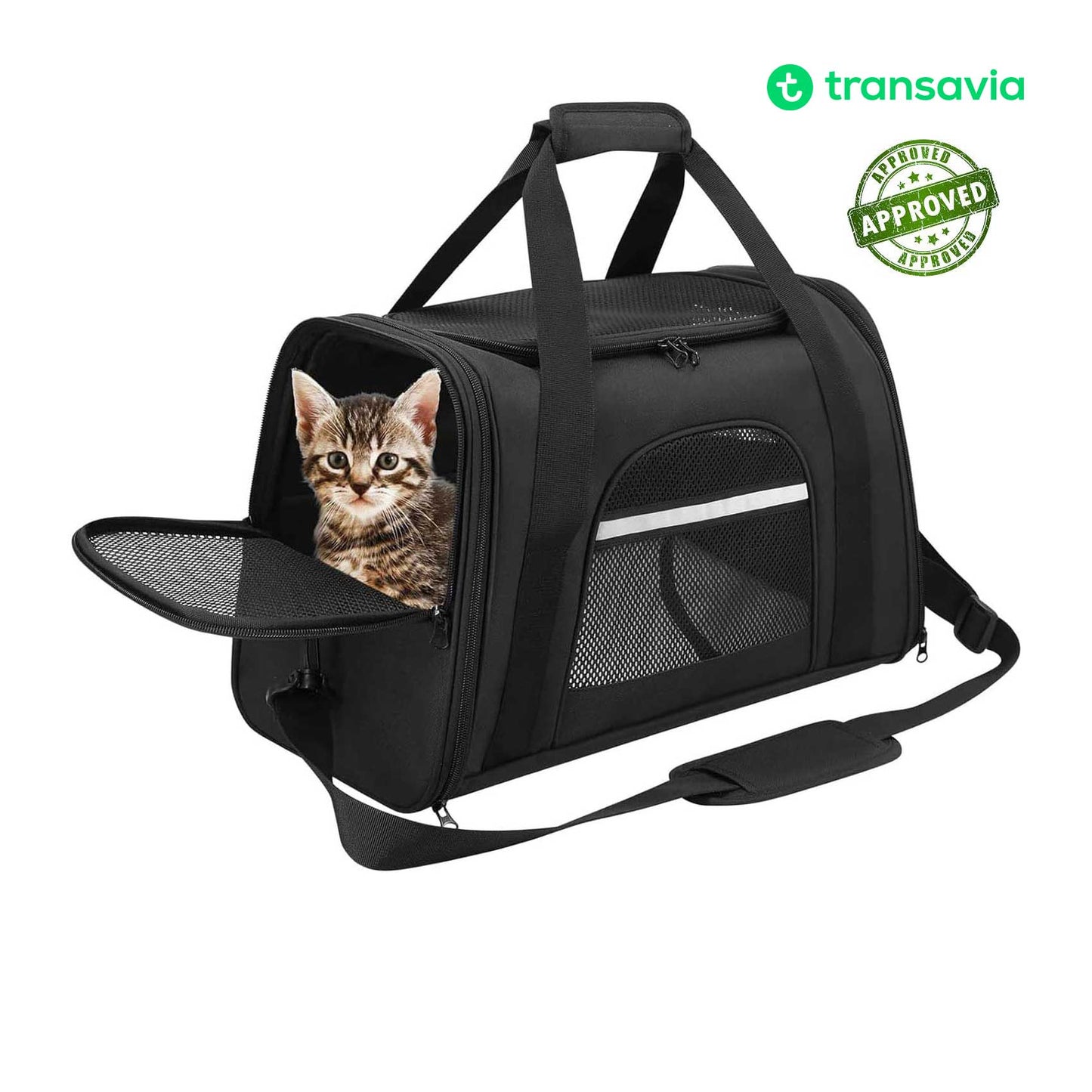 Cat travel bag FLYPET airline-approved 40x30x24 cm Transavia, carrier under airplane seat, pet carrier in-cabin for international flight, top opening and loading