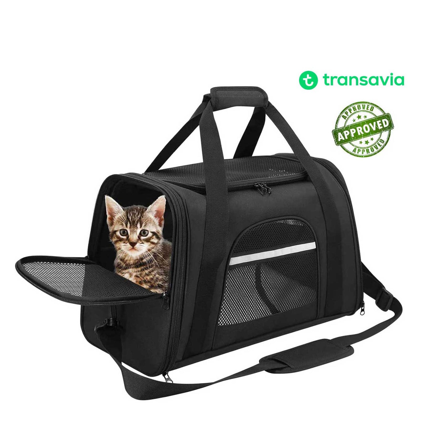 Cat travel bag FLYPET airline-approved 40x30x24 cm Transavia, carrier under airplane seat, pet carrier in-cabin for international flight, top opening and loading