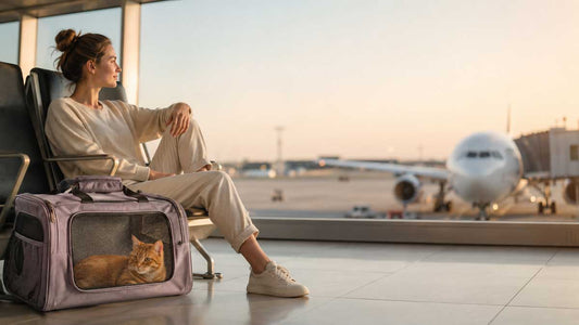 Reiziger op het vliegveld met kat in een zachte airline-approved reistas voor de cabine