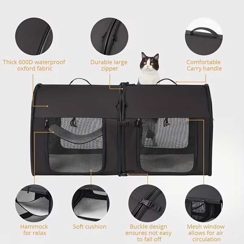 2-in-1 Multi-katten reismand voor in de auto 102x50x49cm - Dubbele kattenkennel voor lange autoreizen - Zitverhoger voor 2 katten voor achterbank met harnas