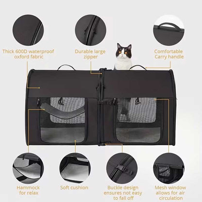 2-in-1 Multi-katten reismand voor in de auto 102x50x49cm - Dubbele kattenkennel voor lange autoreizen - Zitverhoger voor 2 katten voor achterbank met harnas