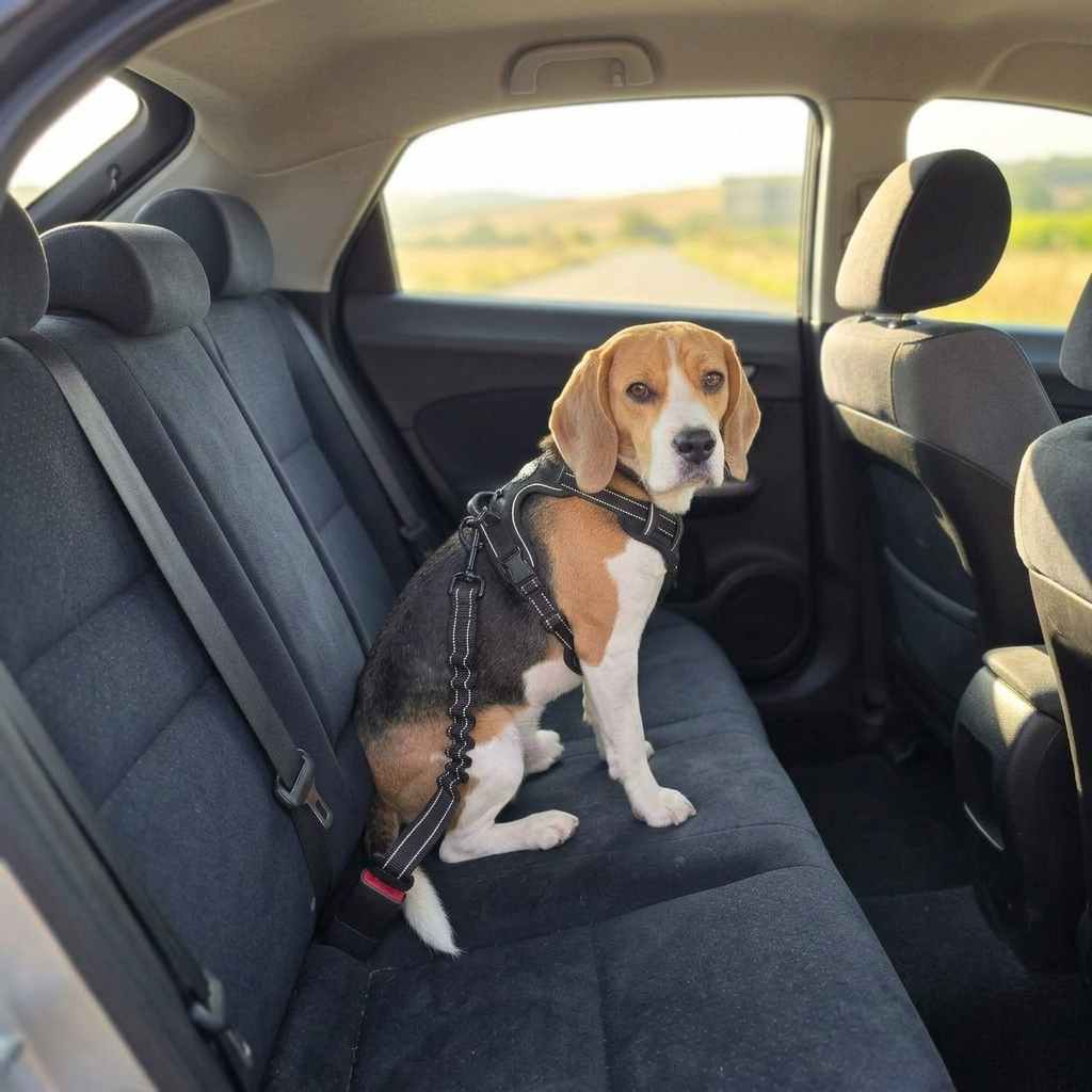 Beagle wearing a harness secured with the elastic dog car seat belt on the back seat