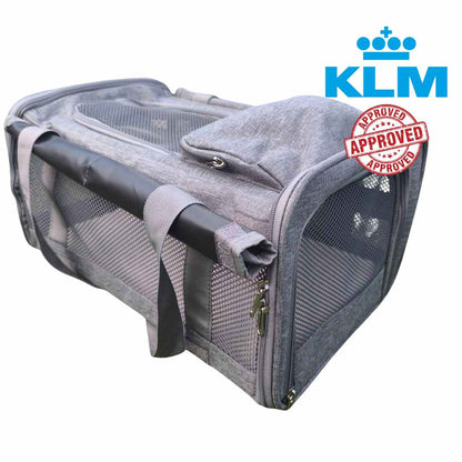 KLM Airloo pet cabin bag, dimensions 46 x 28 x 24 cm, ailrline approved travel carrier with size for small dog or cat
