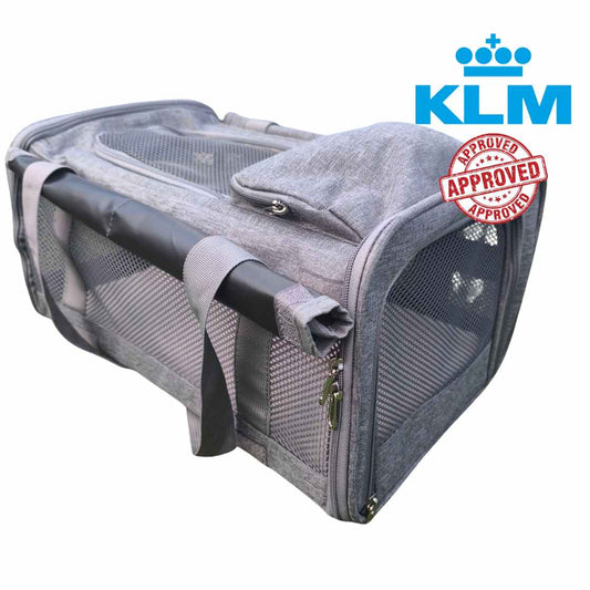 KLM Airloo pet cabin bag, dimensions 46 x 28 x 24 cm, ailrline approved travel carrier with size for small dog or cat