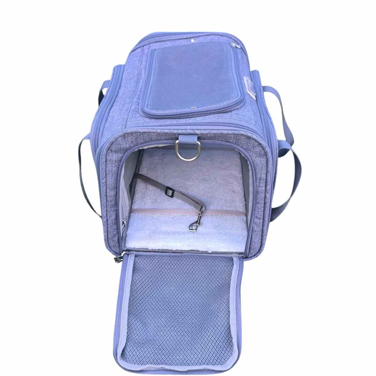 Nordvik pet carrier bag standing on its rubber feet with the rigid floor panel inside