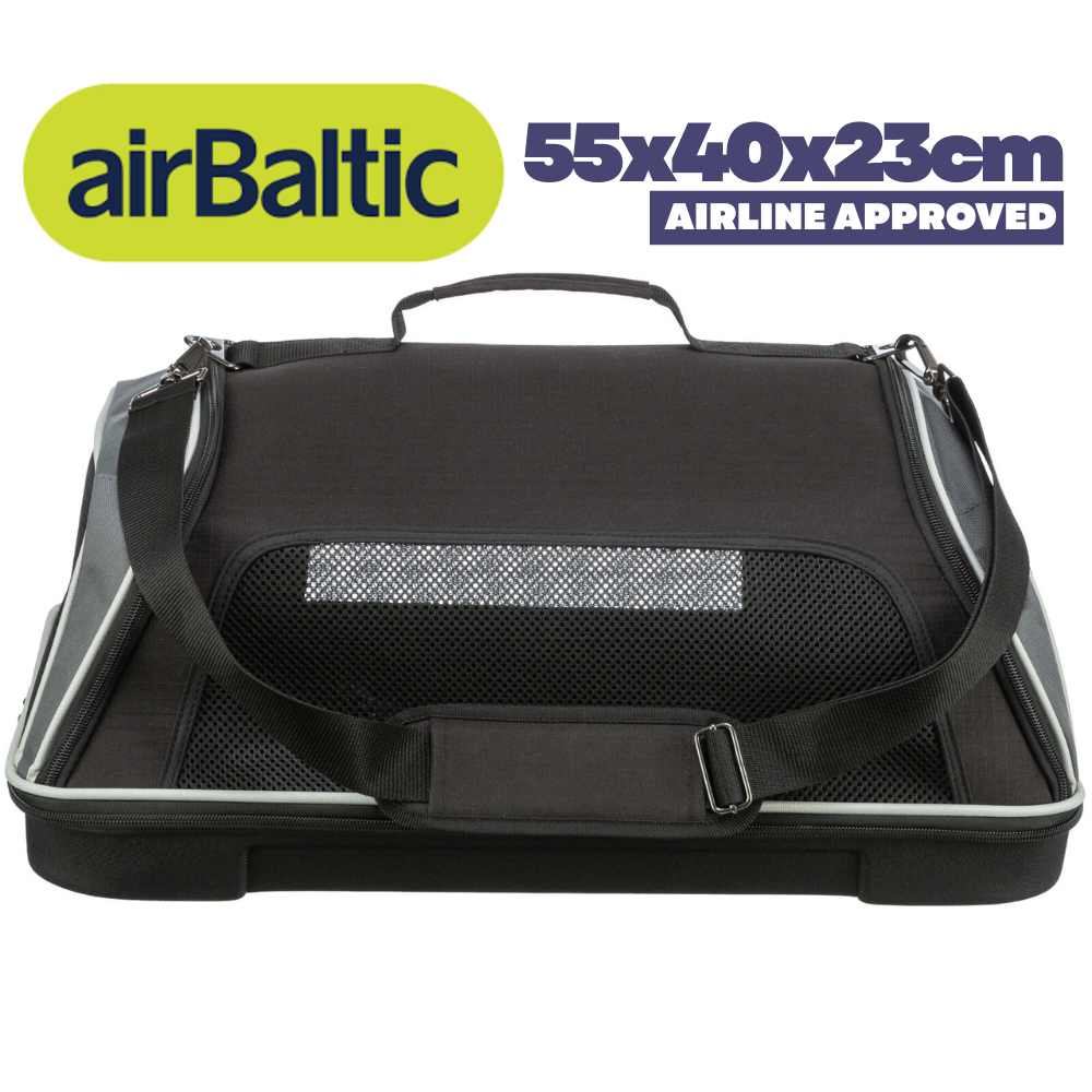 AirBaltic pet carrier bag in cabin, airline approved size 55x40x23cm for travelling with dog or cat