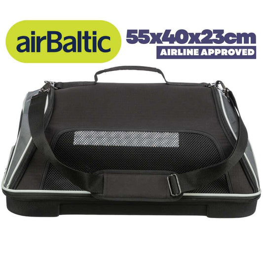 AirBaltic pet carrier bag in cabin, airline approved size 55x40x23cm for travelling with dog or cat