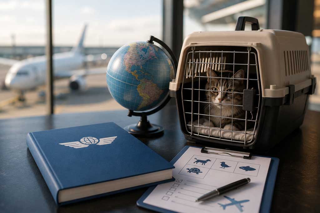 Kat in een zachte airline-approved reistas op het vliegveld, klaar voor vervoer in de cabine