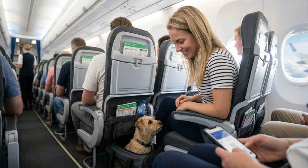 Hond in een reistas onder de vliegtuigstoel tijdens een vlucht in de zomer