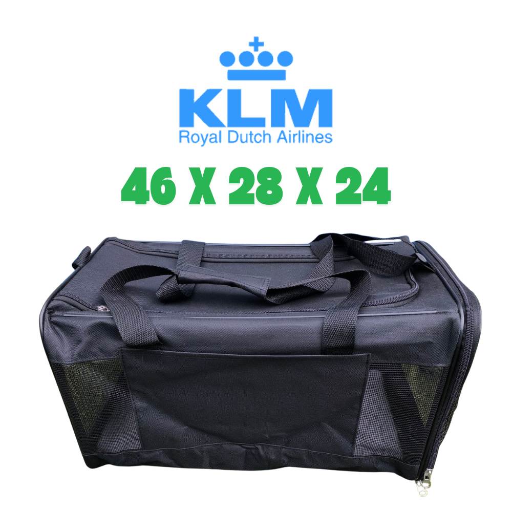KLM pet carrier for the cabin, dimensions 46 x 28 x 24 cm, approved travel carrier size for small dogs and cats.
