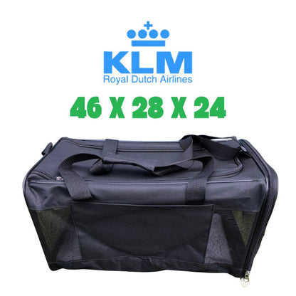 KLM pet carrier for the cabin, dimensions 46 x 28 x 24 cm, approved travel carrier size for small dogs and cats.