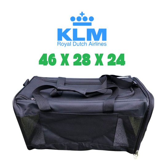 KLM pet carrier for the cabin, dimensions 46 x 28 x 24 cm, approved travel carrier size for small dogs and cats.
