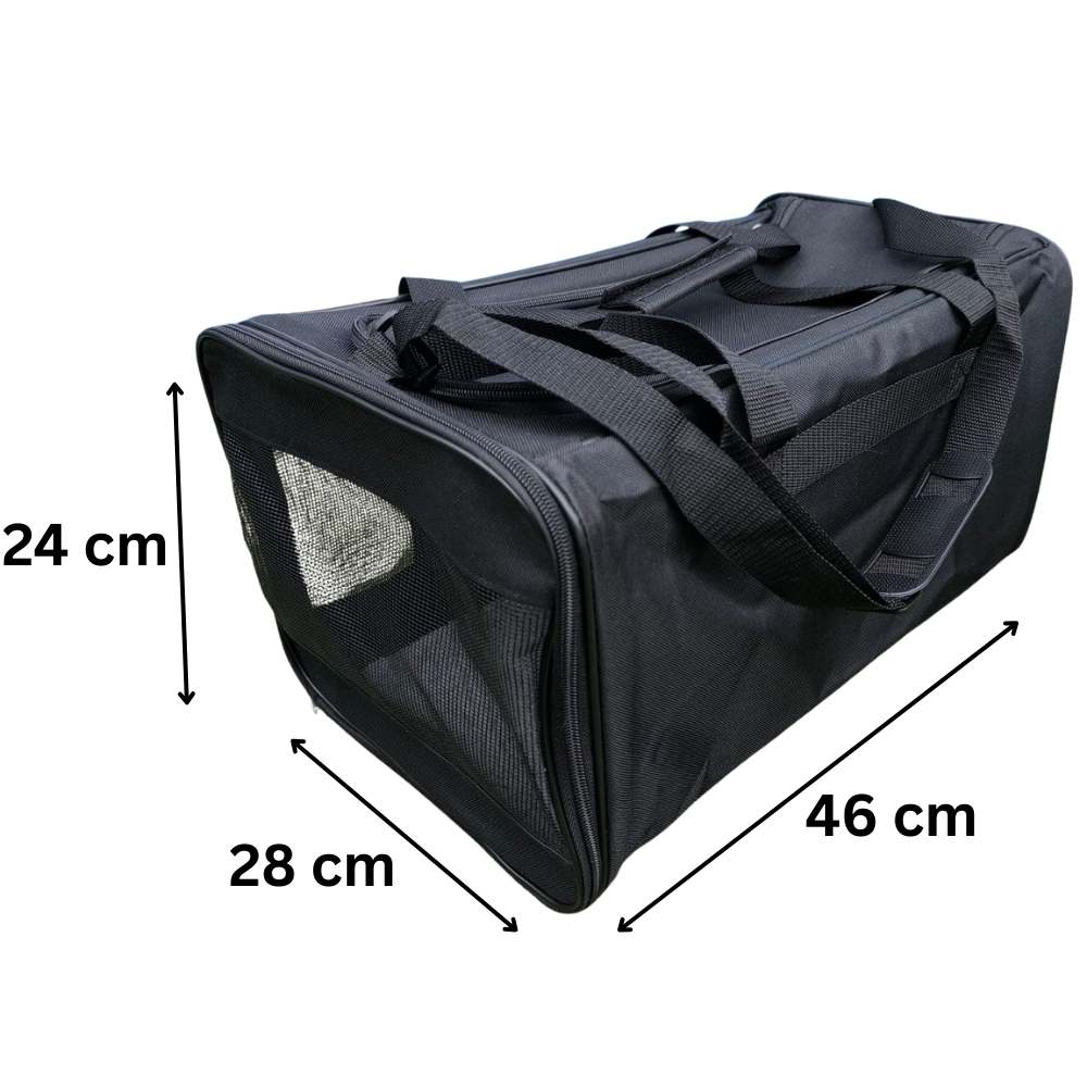 KLM pet carrier for the cabin, dimensions 46 x 28 x 24 cm, approved travel carrier size for small dogs and cats.