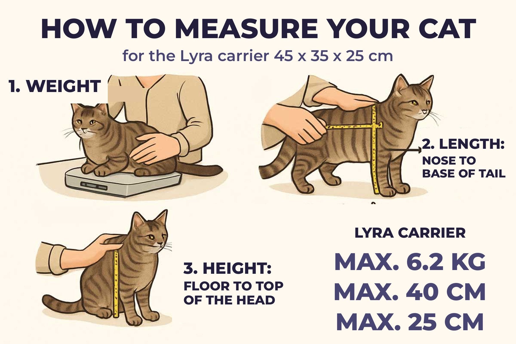 Kat opmeten voor de Lyra reistas: gewicht max. 6,2 kg, lengte max. 40 cm, hoogte max. 25 cm