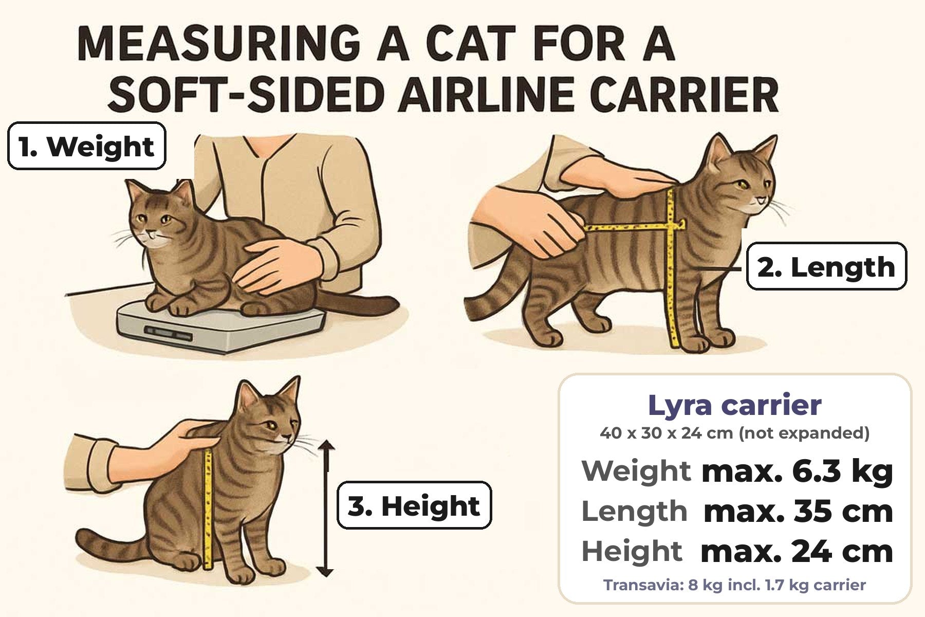 Kat opmeten voor de Lyra reistas: max. 6,3 kg, max. 35 cm lang en 24 cm hoog