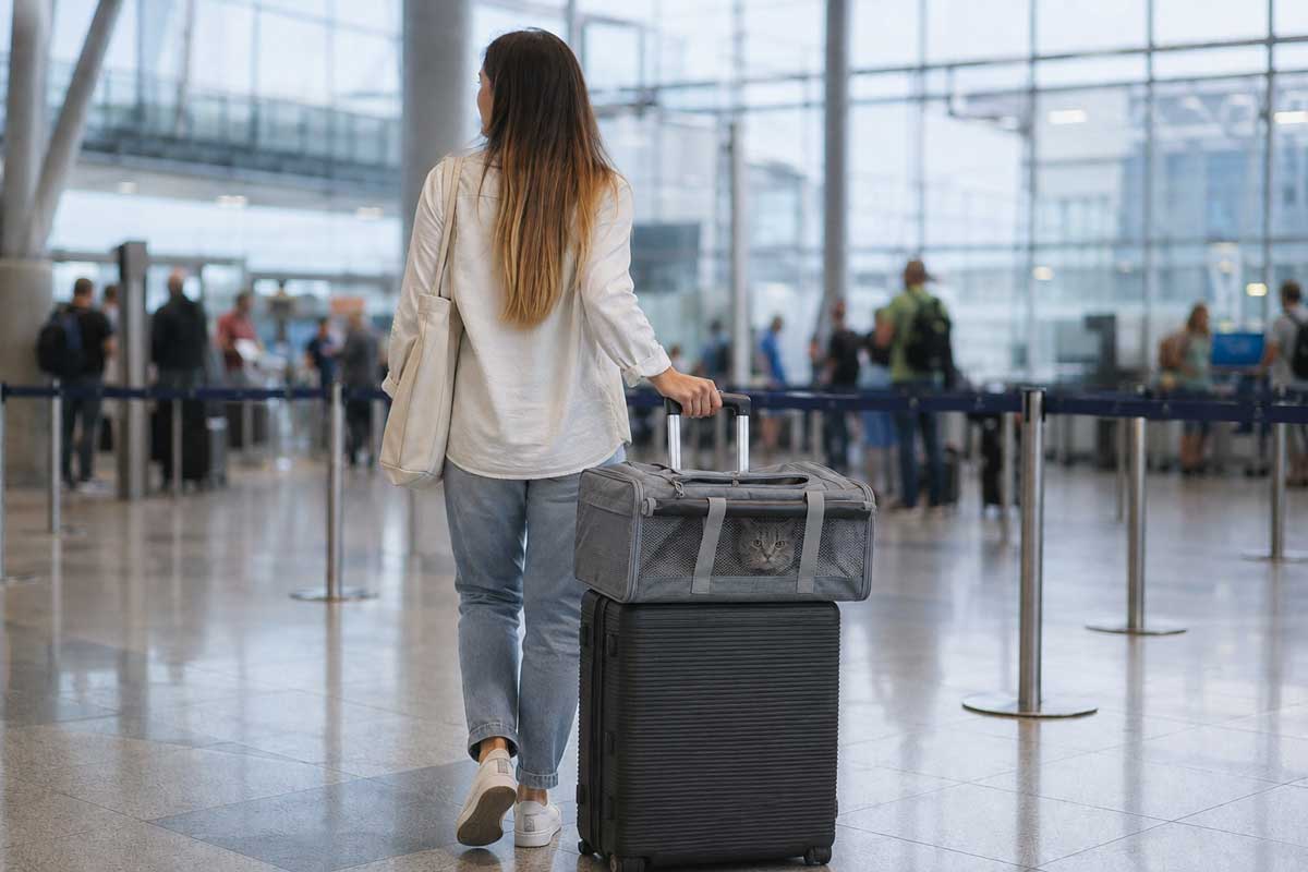 Vrouw met koffer en Miravia reistas voor huisdieren bovenop bevestigd op het vliegveld
