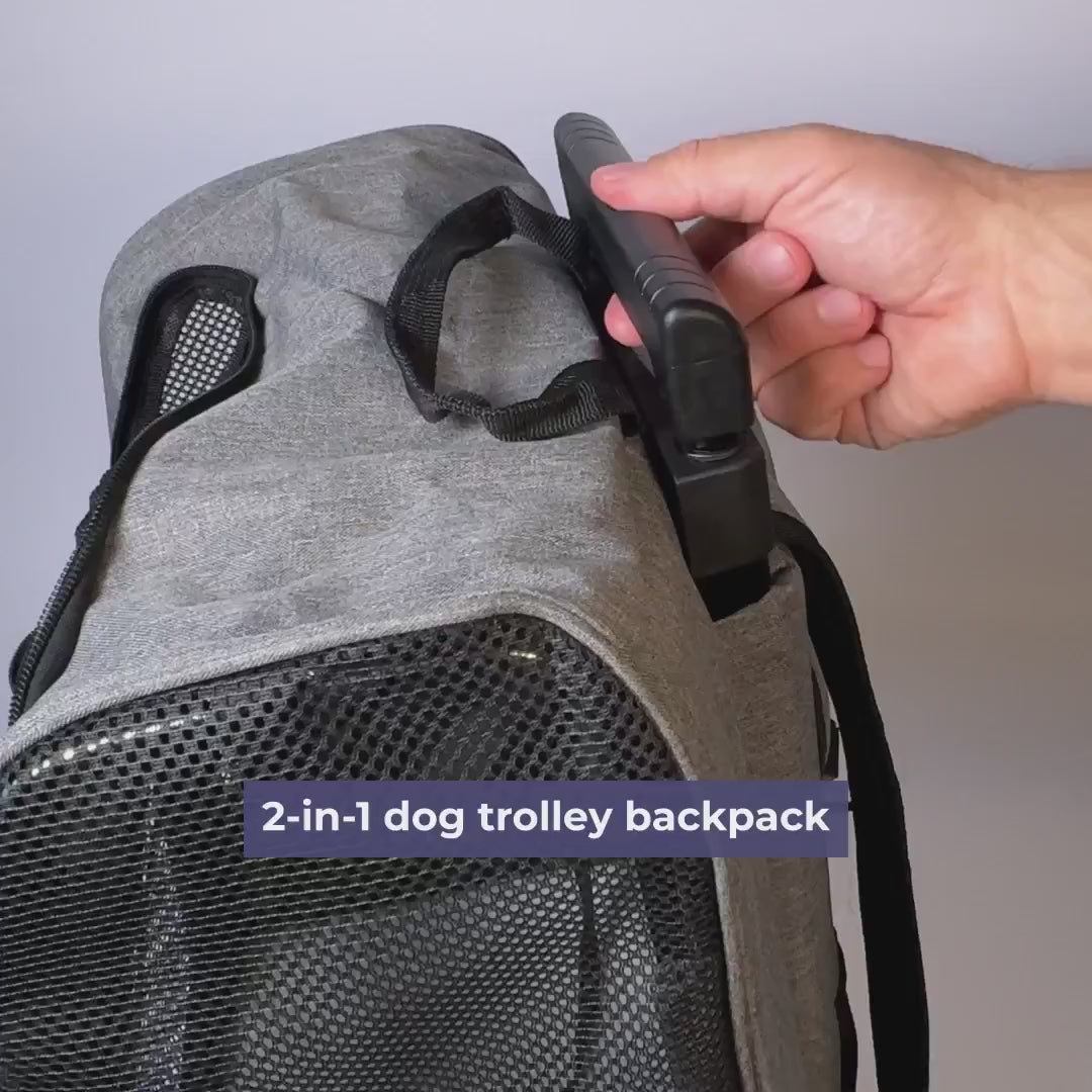 Video van de 2-in-1 hondentrolley rugzak: wieltjes, voordeur, matje en schouderbanden