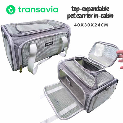Top-expandable Transavia pet carrier in-cabin 40x30x24cm airline approved for small dogs and medium cats