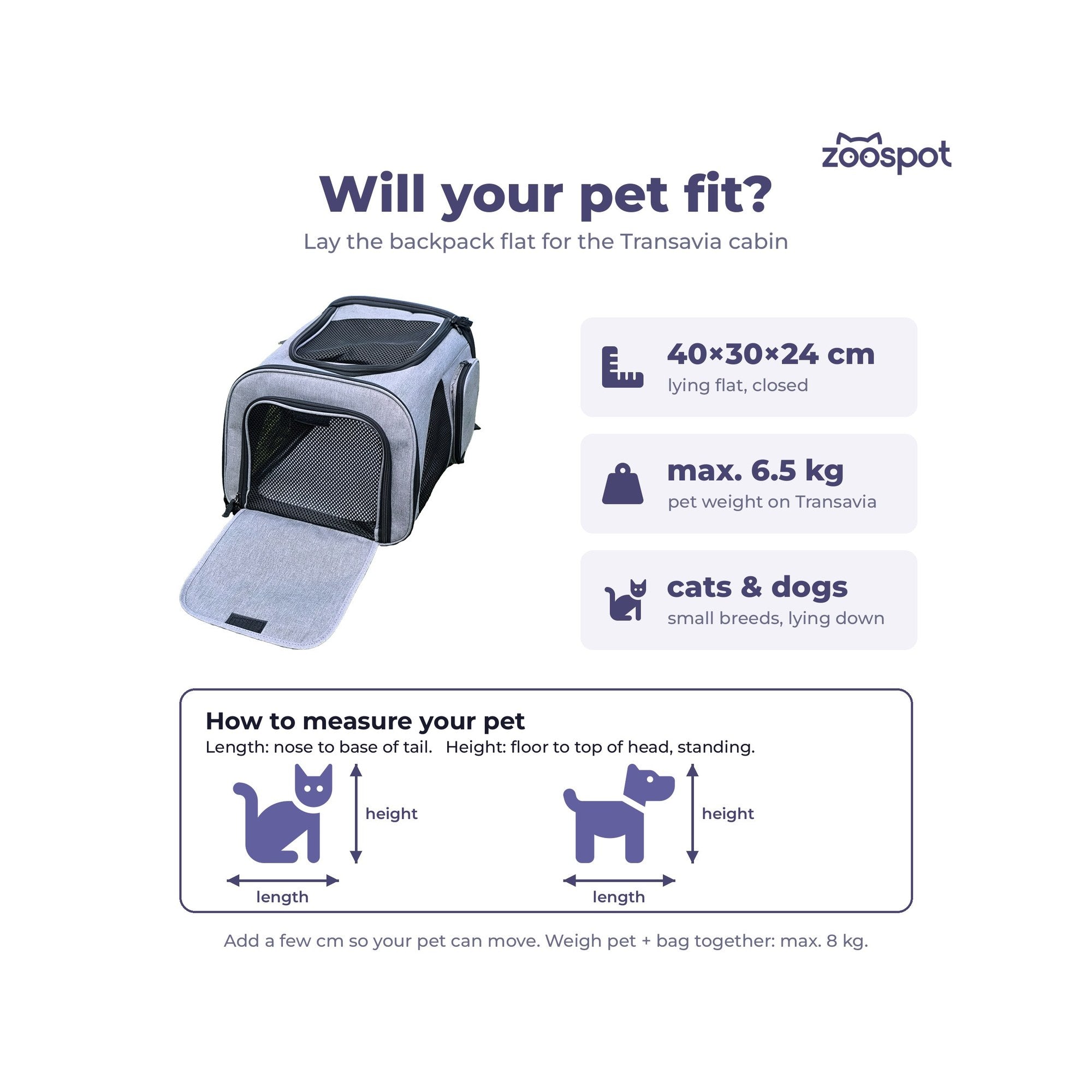 Infographic: rugzak plat gelegd 40 x 30 x 24 cm, huisdier tot 6,5 kg, zo meet je lengte en hoogte van kat en hond